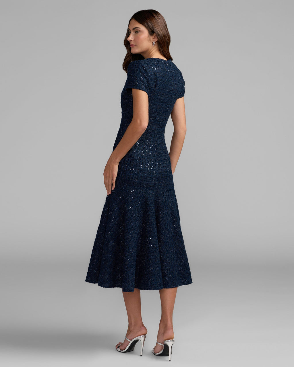 Navy Bouclé Button Front Midi Dress Designer Collection