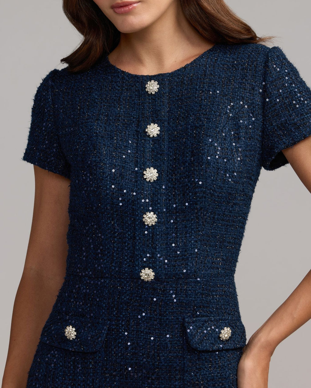 Navy Bouclé Button Front Midi Dress Designer Collection