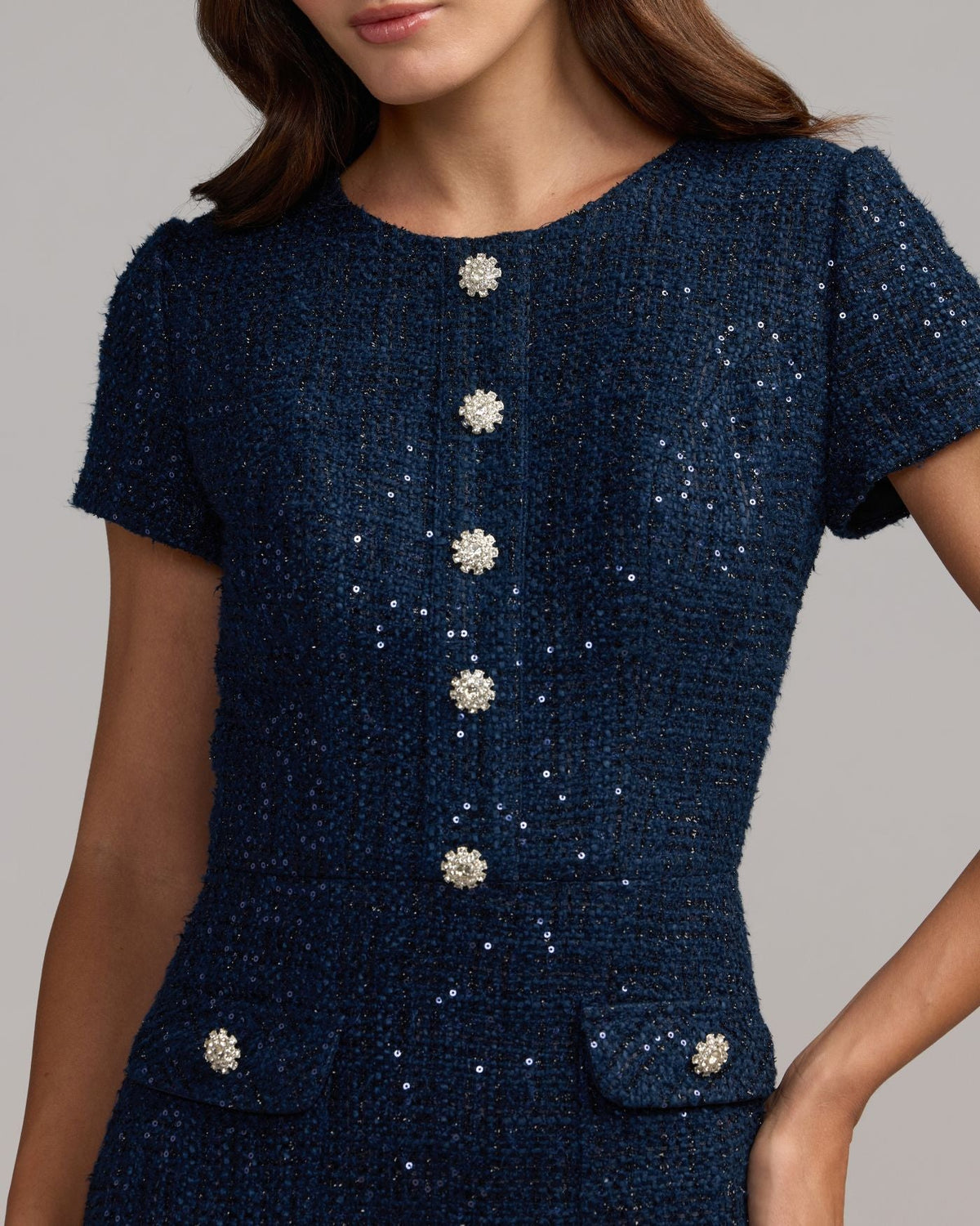 Navy Bouclé Button Front Midi Dress Designer Collection