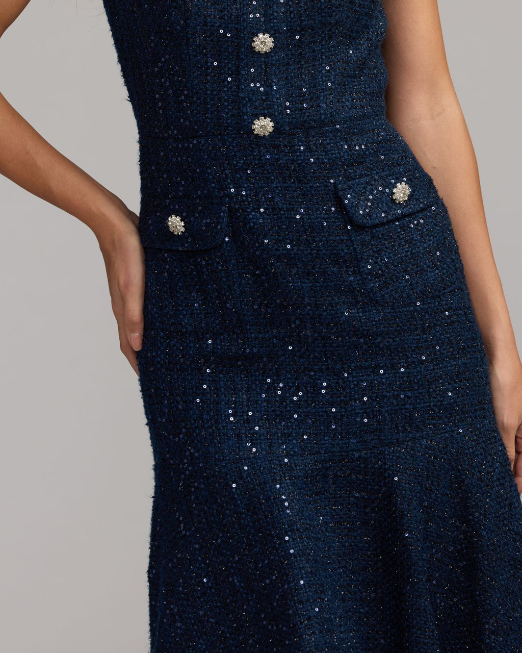Navy Bouclé Button Front Midi Dress Designer Collection
