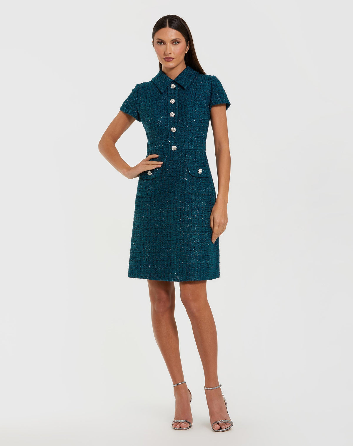 Teal Short Sleeve Collared Boucle Mini Dress - Designer Collection