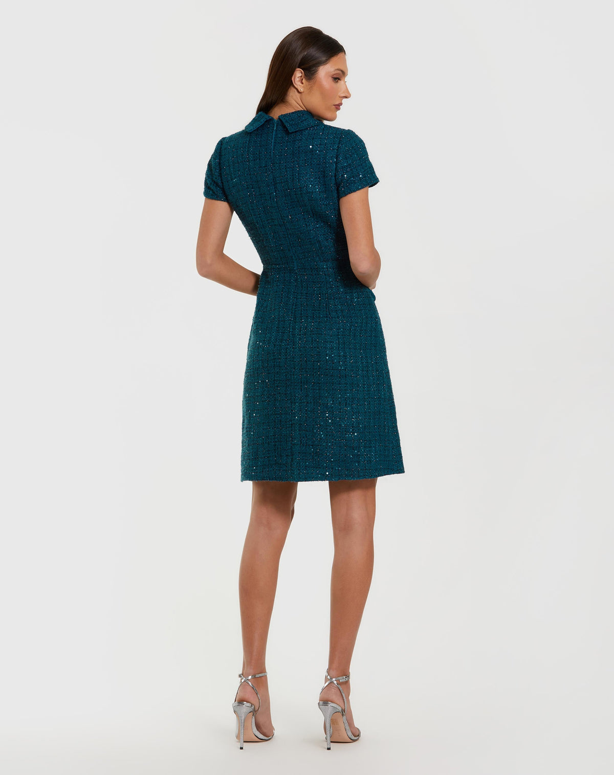 Teal Short Sleeve Collared Boucle Mini Dress - Designer Collection