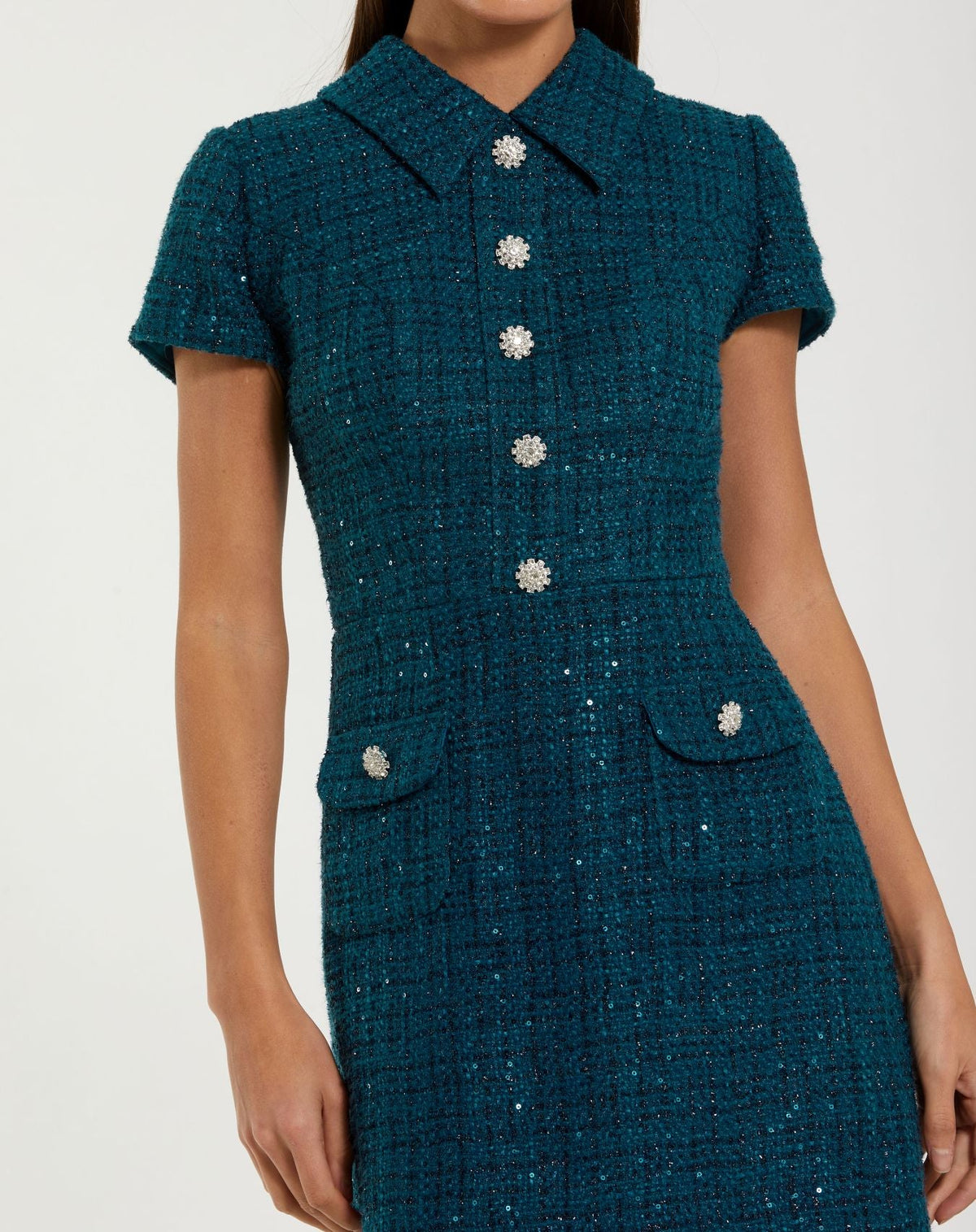Teal Short Sleeve Collared Boucle Mini Dress - Designer Collection