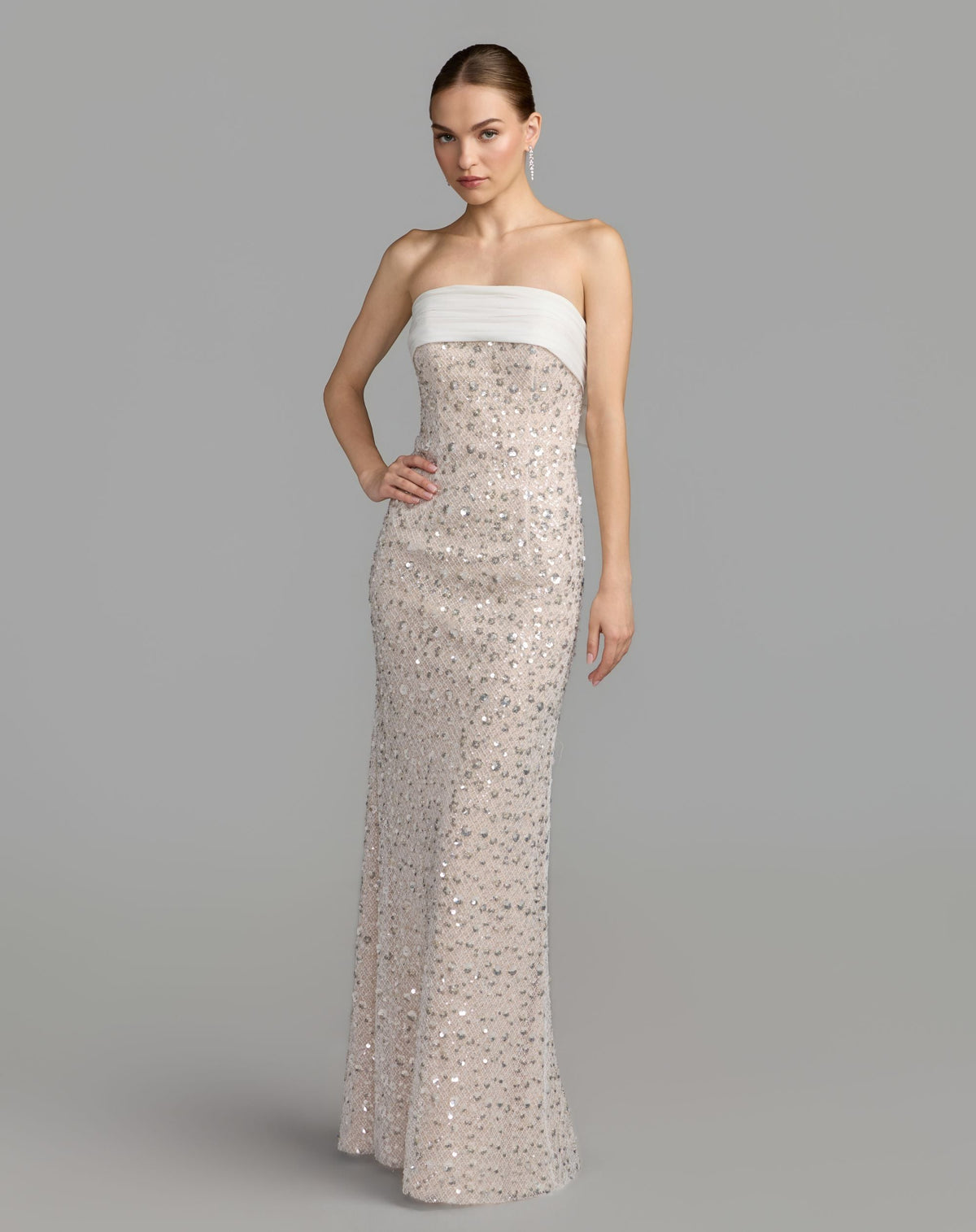 Ivory Strapless Embellished Column Gown With Bow - Designer Collection