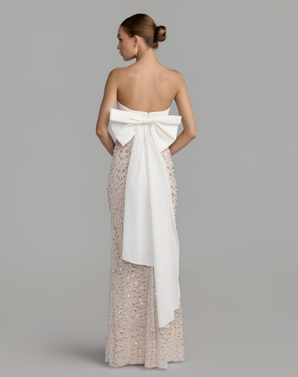 Ivory Strapless Embellished Column Gown With Bow - Designer Collection
