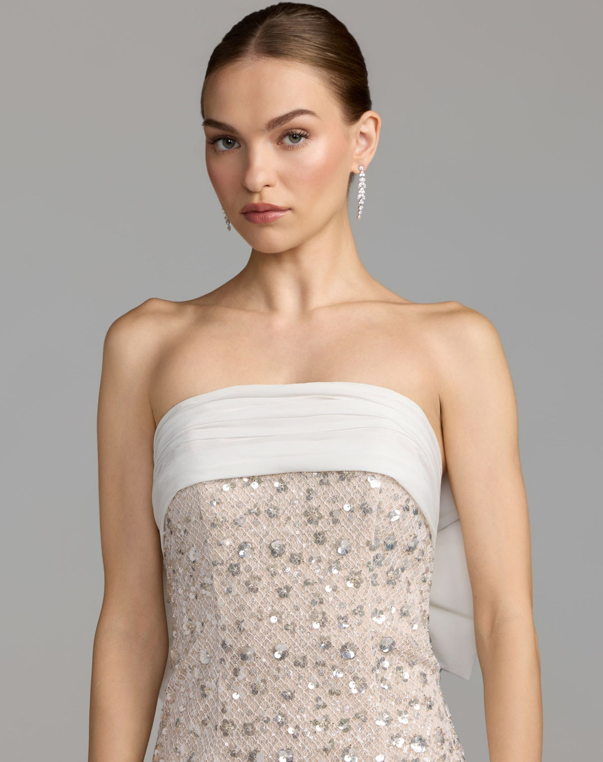Ivory Strapless Embellished Column Gown With Bow - Designer Collection