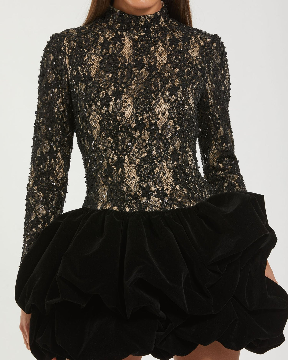 Black Mock Neck Long Sleeve Lace And Velvet Mini Dress Contemporary Collection
