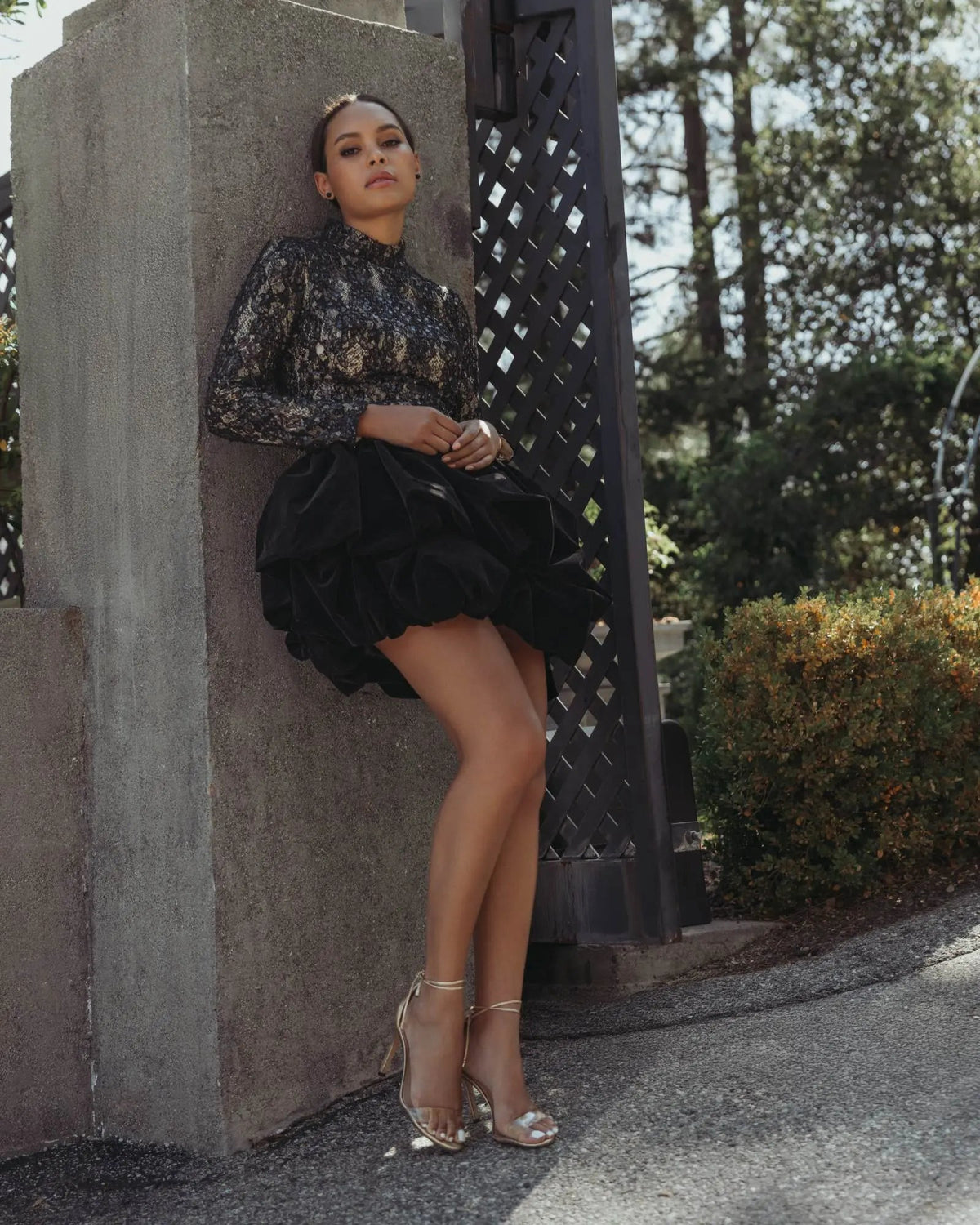 Black Mock Neck Long Sleeve Lace And Velvet Mini Dress Contemporary Collection