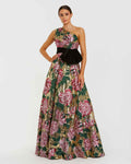 Multicolor One Shoulder Sequin Ballgown With Velvet Bow - Designer Collection