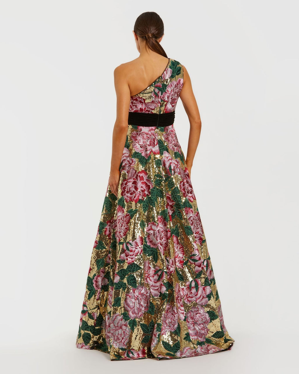 Multicolor One Shoulder Sequin Ballgown With Velvet Bow - Designer Collection