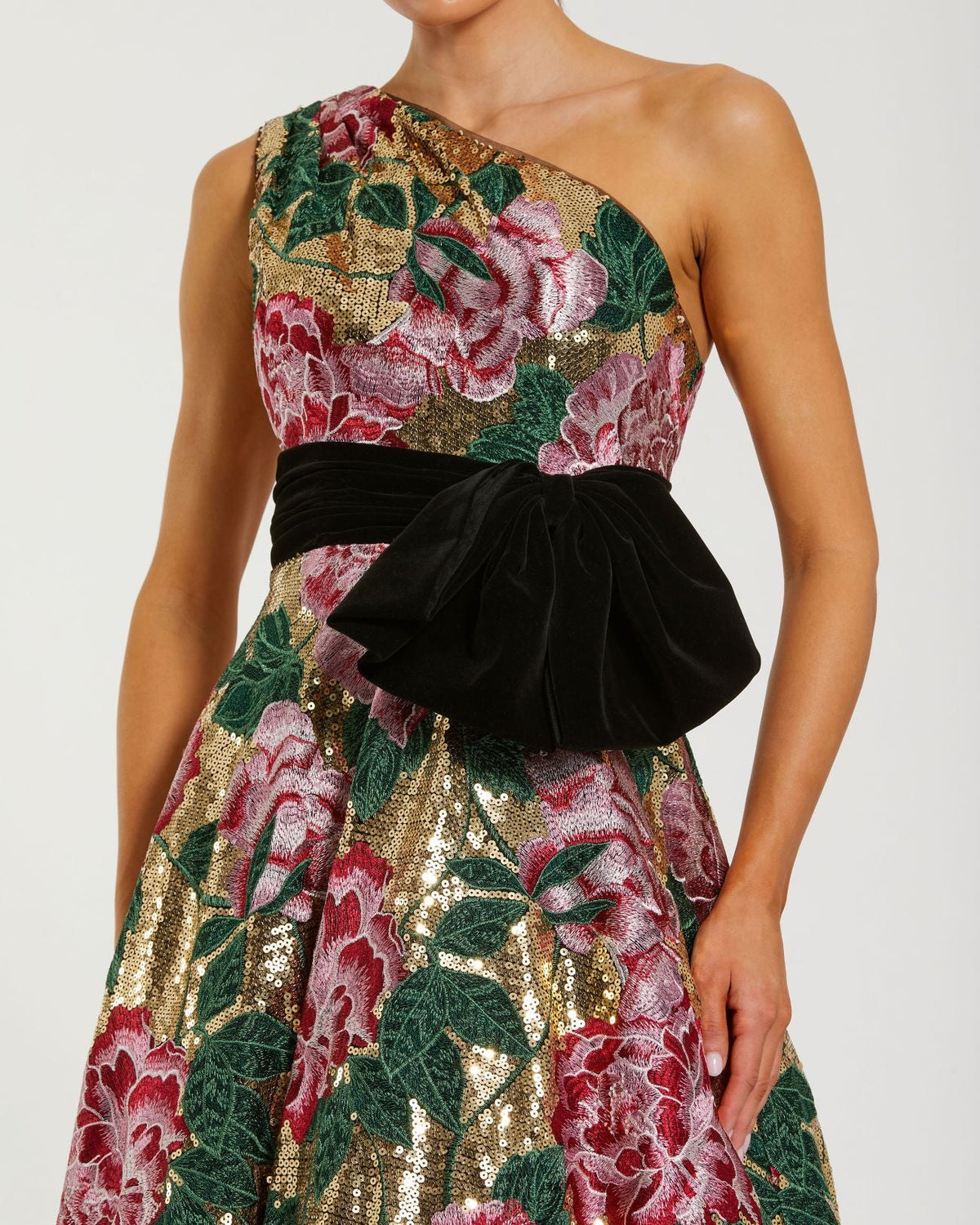 Multicolor One Shoulder Sequin Ball Gown With Velvet Bow Designer Collection