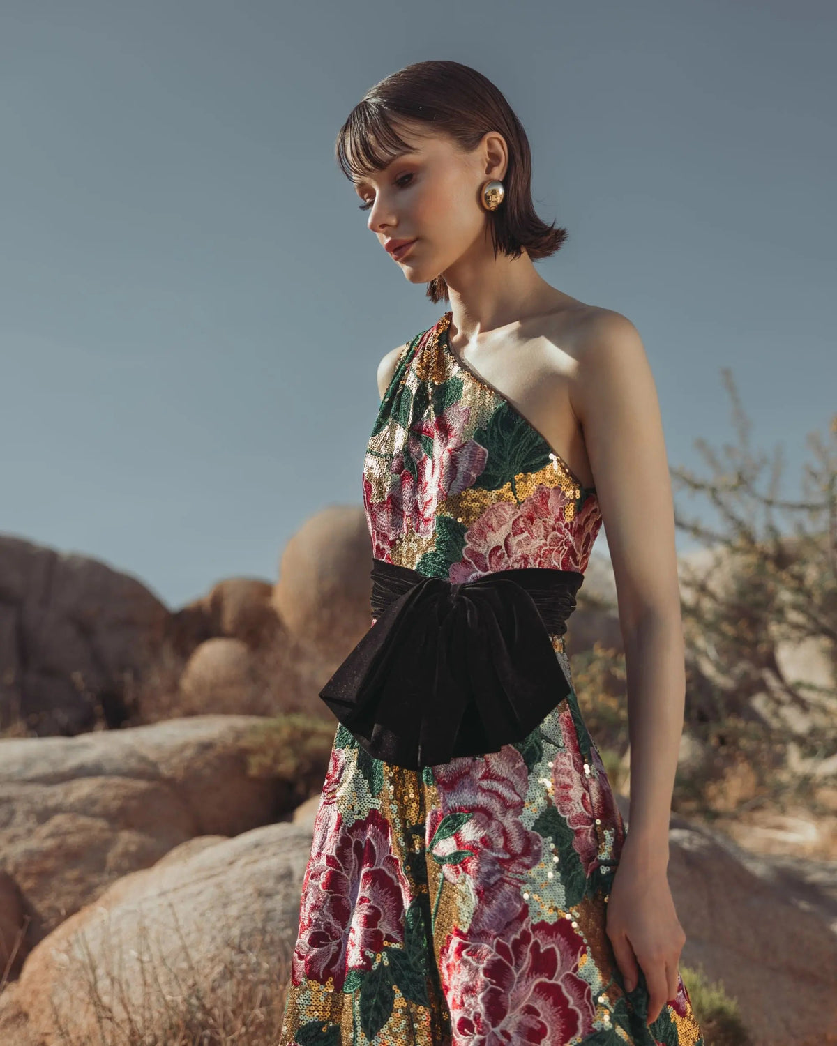 Multicolor One Shoulder Sequin Ballgown With Velvet Bow - Designer Collection
