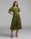 Green Floral Lace Flutter Sleeve Midi Dress - Contemporary Collection