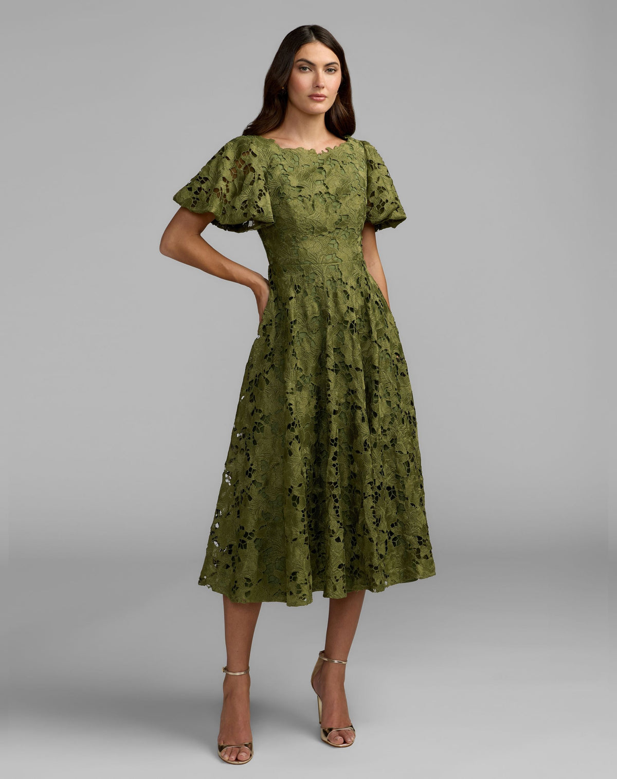 Green Floral Lace Flutter Sleeve Midi Dress - Contemporary Collection