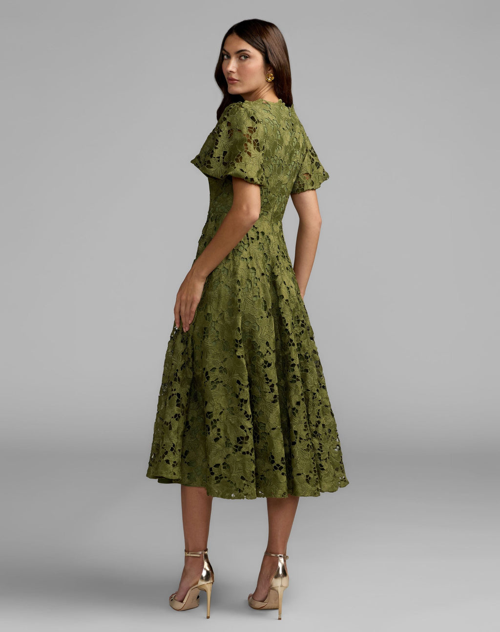 Green Floral Lace Flutter Sleeve Midi Dress - Contemporary Collection