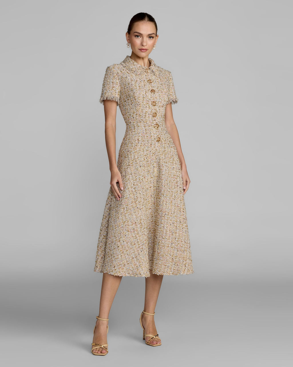 Beige Boucle Midi Dress with Rhinestone Buttons - Contemporary Collection