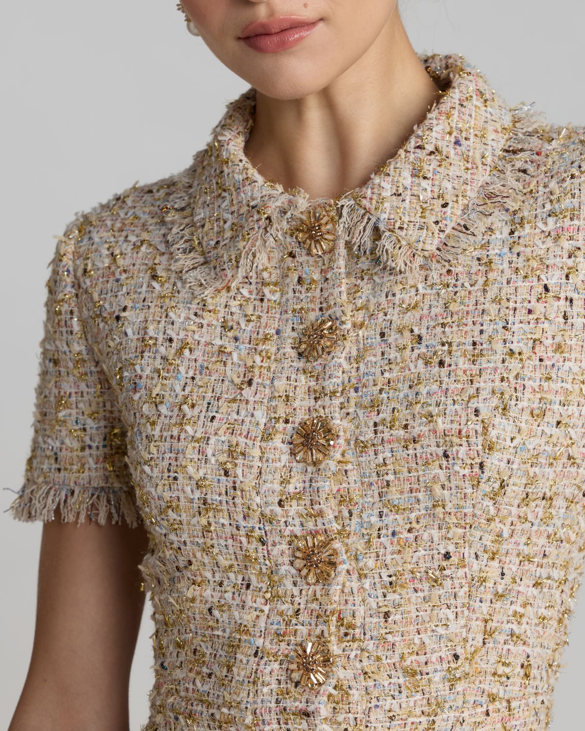 Beige Boucle Midi Dress with Rhinestone Buttons - Contemporary Collection