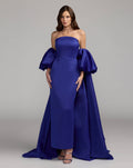Blue Strapless Puff Sleeve Satin Gown With Cape - Contemporary Collection