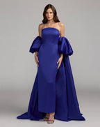 Blue Strapless Puff Sleeve Satin Gown With Cape - Contemporary Collection