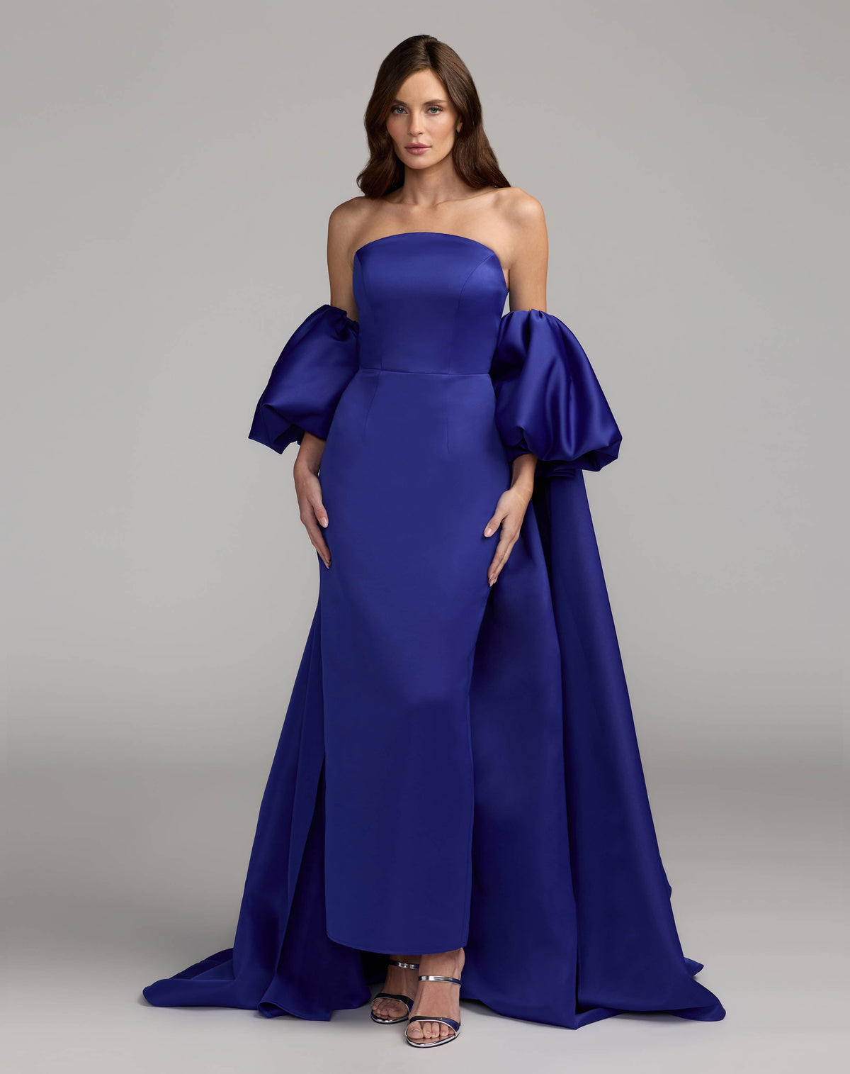 Blue Strapless Puff Sleeve Satin Gown With Cape - Contemporary Collection