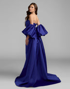 Blue Strapless Puff Sleeve Satin Gown With Cape - Contemporary Collection
