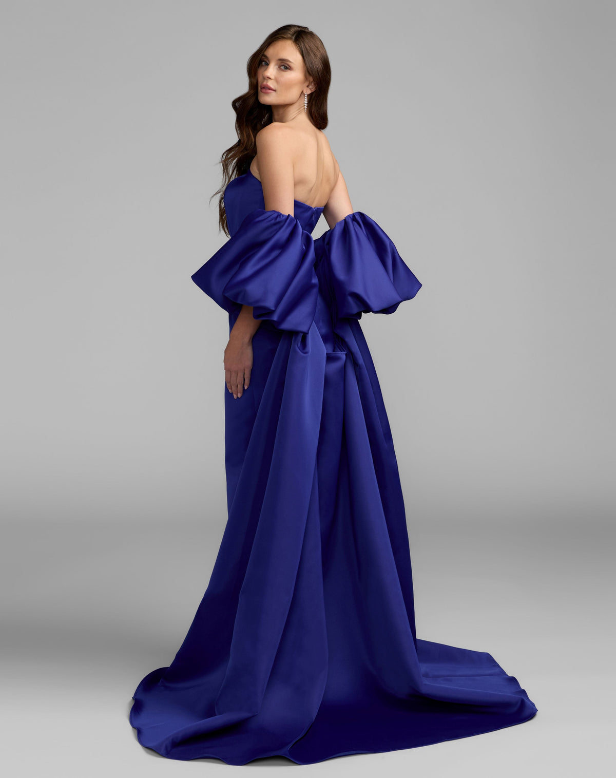Blue Strapless Puff Sleeve Satin Gown With Cape - Contemporary Collection