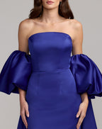 Blue Strapless Puff Sleeve Satin Gown With Cape - Contemporary Collection