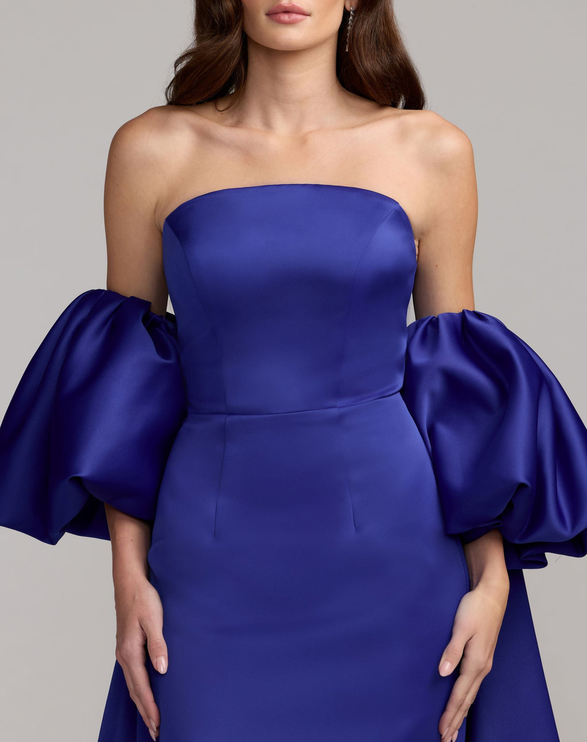 Blue Strapless Puff Sleeve Satin Gown With Cape - Contemporary Collection