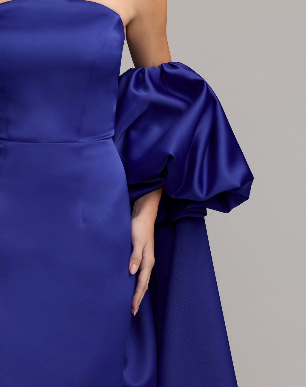 Blue Strapless Puff Sleeve Satin Gown With Cape - Contemporary Collection