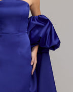 Blue Strapless Puff Sleeve Satin Gown With Cape - Contemporary Collection