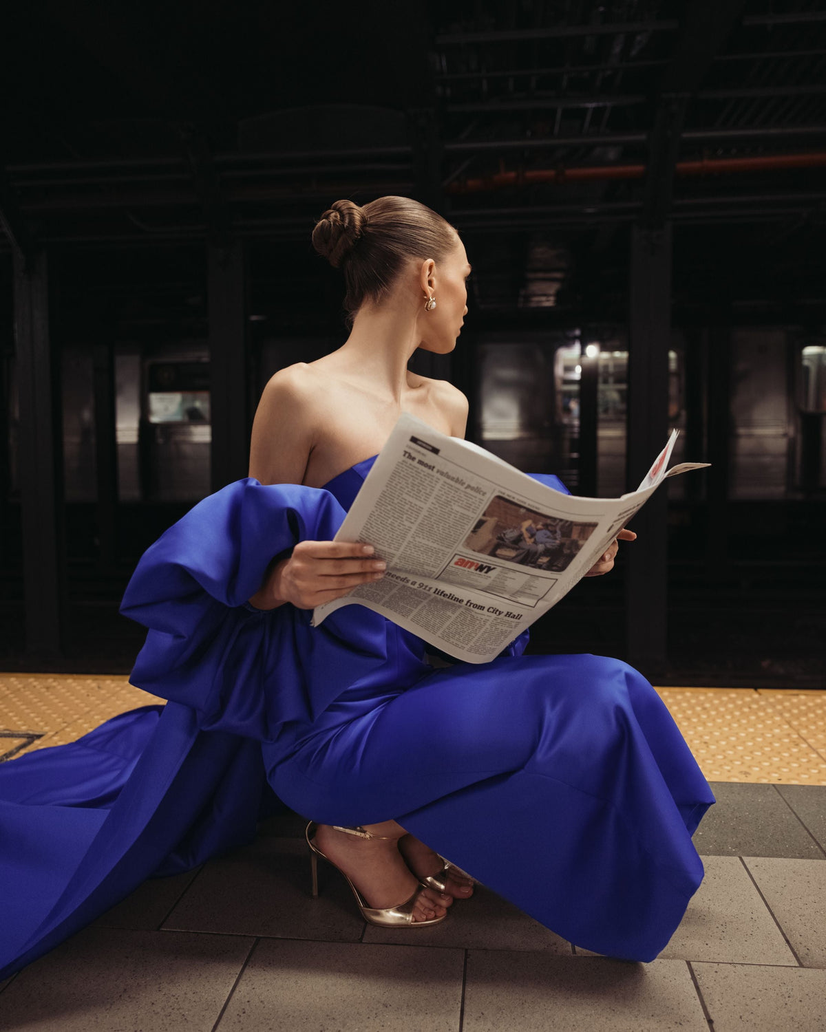 Blue Strapless Puff Sleeve Satin Gown With Cape - Contemporary Collection
