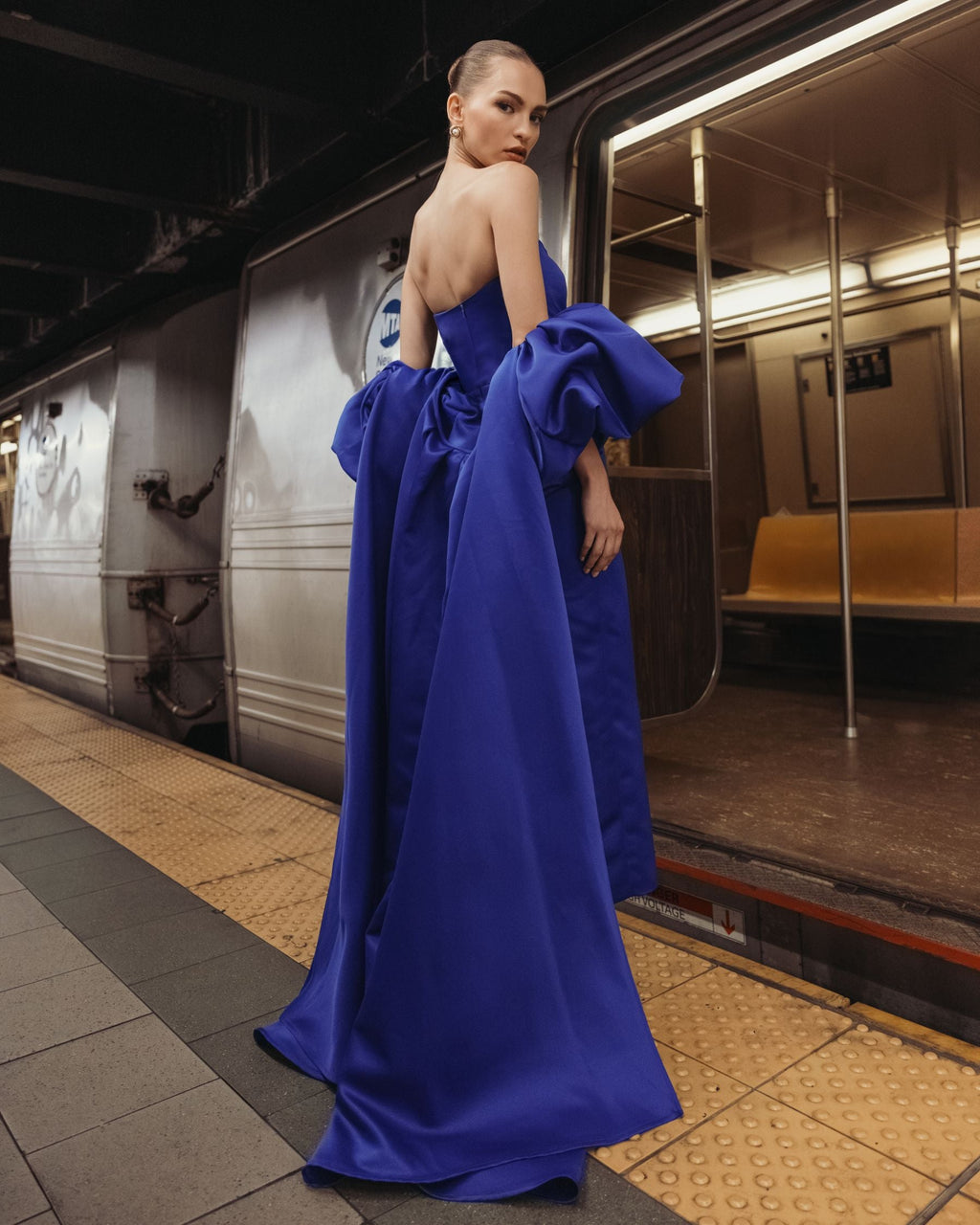 Blue Strapless Puff Sleeve Satin Gown With Cape - Contemporary Collection
