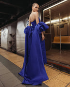 Blue Strapless Puff Sleeve Satin Gown With Cape - Contemporary Collection