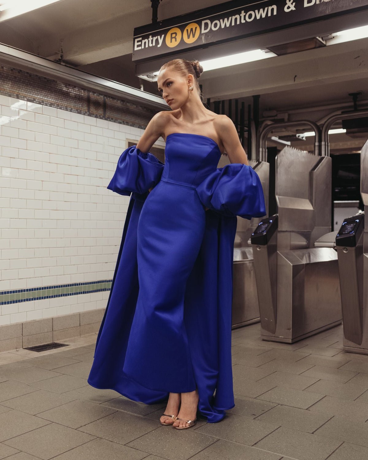 Blue Strapless Puff Sleeve Satin Gown With Cape - Contemporary Collection