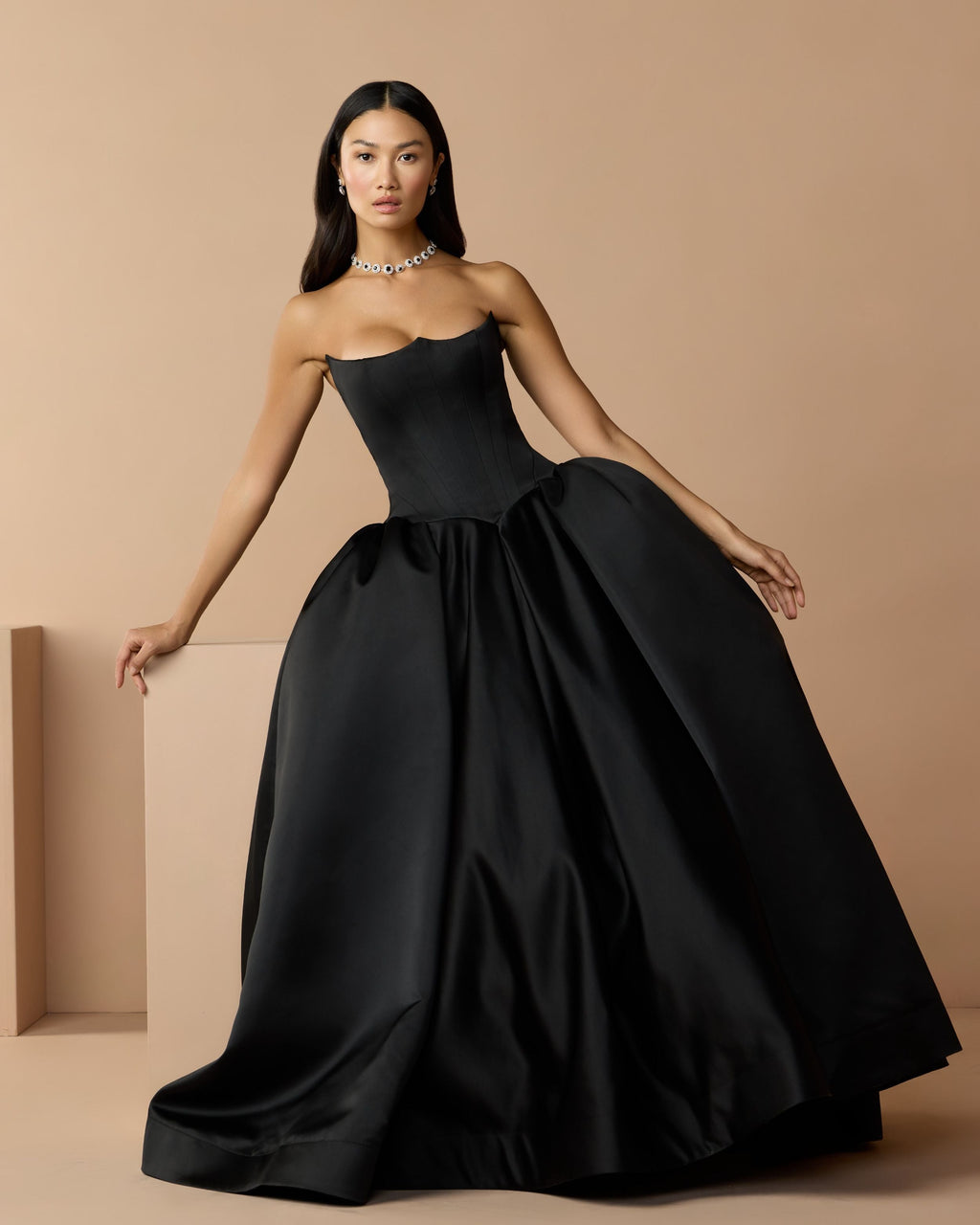 Black Strapless Satin Corset Ball Gown - Designer Collection