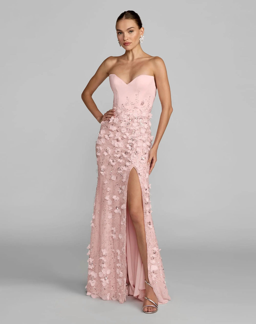 White 3D Floral Strapless Sweetheart Gown With Slit - Designer Collection