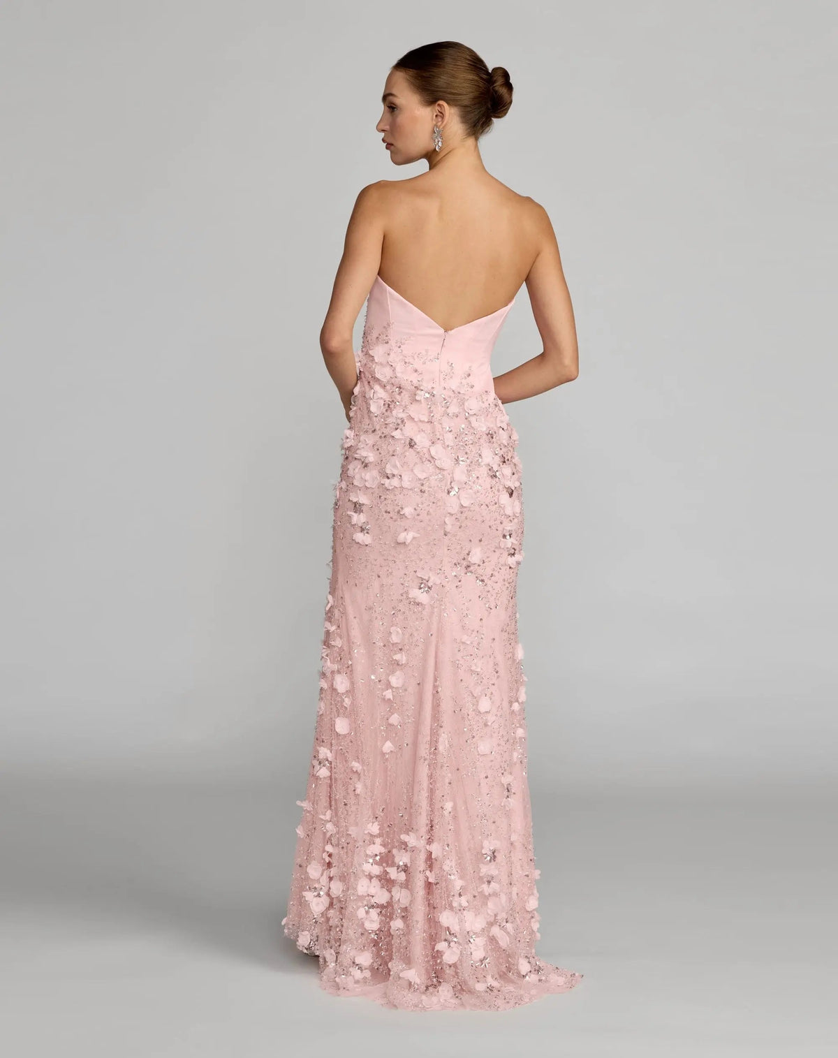 White 3D Floral Strapless Sweetheart Gown With Slit - Designer Collection