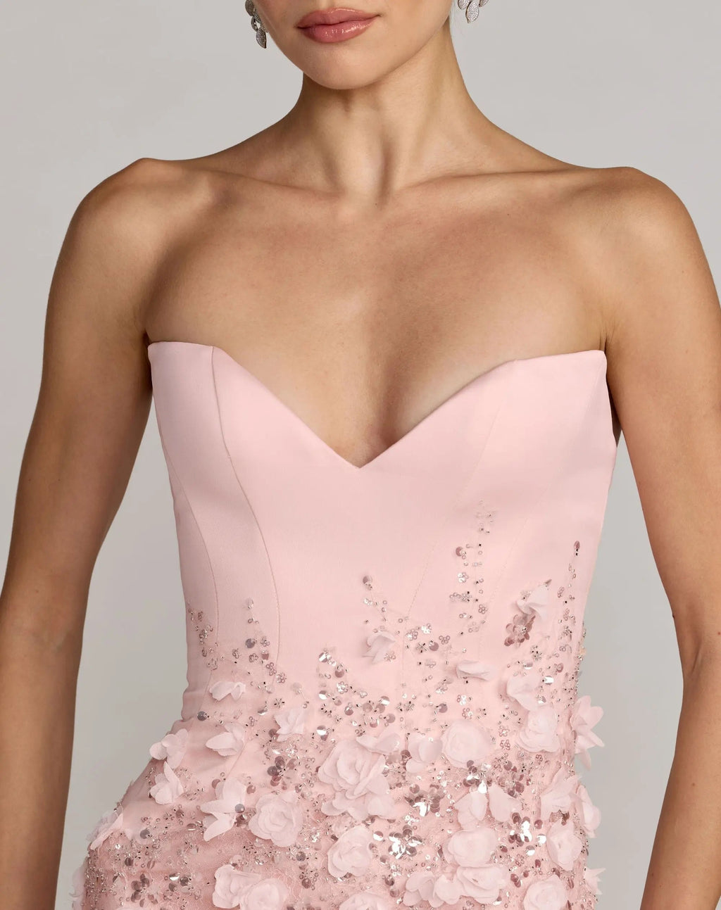 White 3D Floral Strapless Sweetheart Gown With Slit - Designer Collection