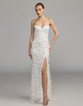 White 3D Floral Strapless Sweetheart Gown With Slit - Designer Collection
