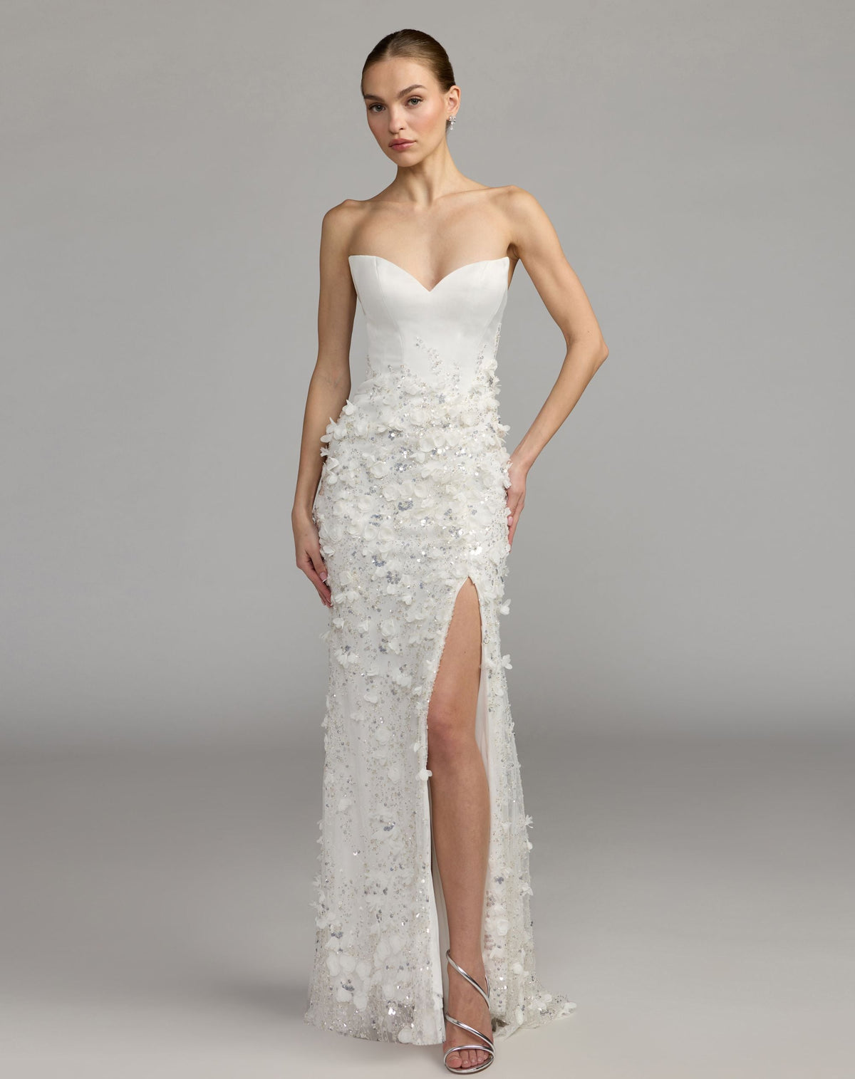 White 3D Floral Strapless Sweetheart Gown With Slit - Designer Collection