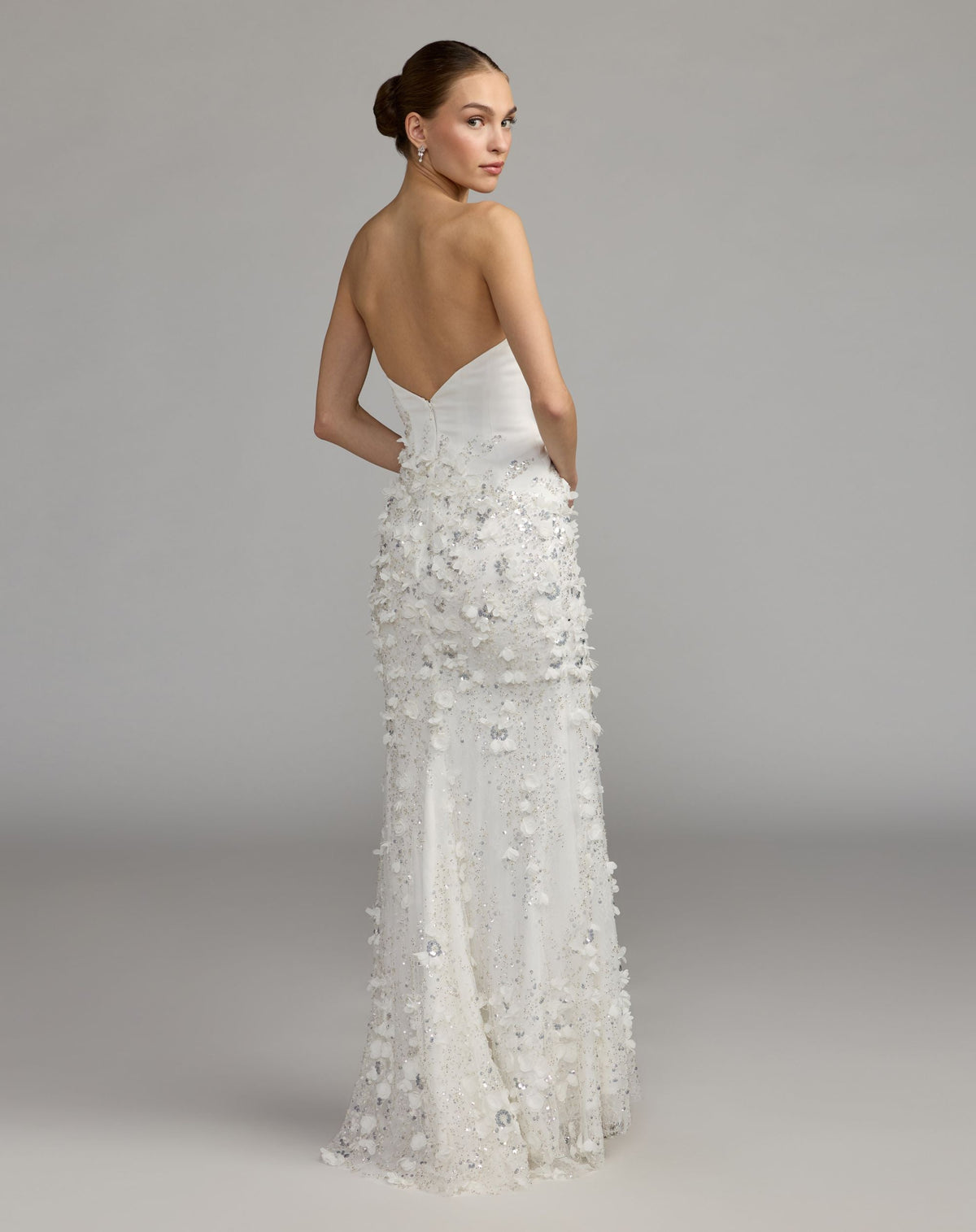 White 3D Floral Strapless Sweetheart Gown With Slit - Designer Collection