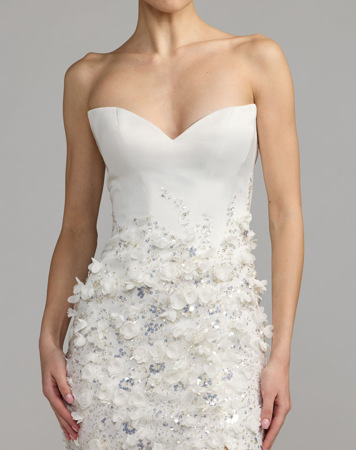 White 3D Floral Strapless Sweetheart Gown With Slit - Designer Collection
