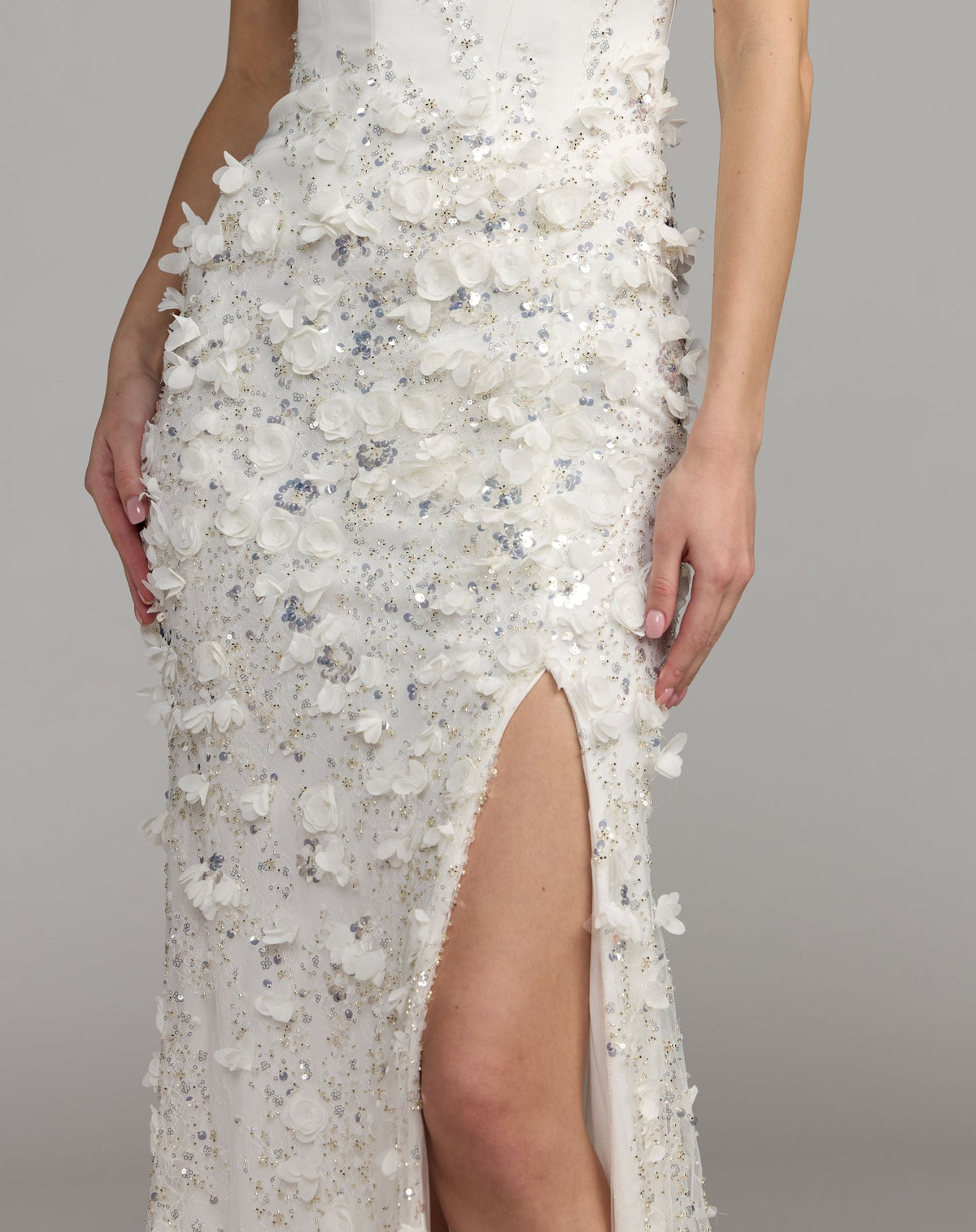 White 3D Floral Strapless Sweetheart Gown With Slit - Designer Collection