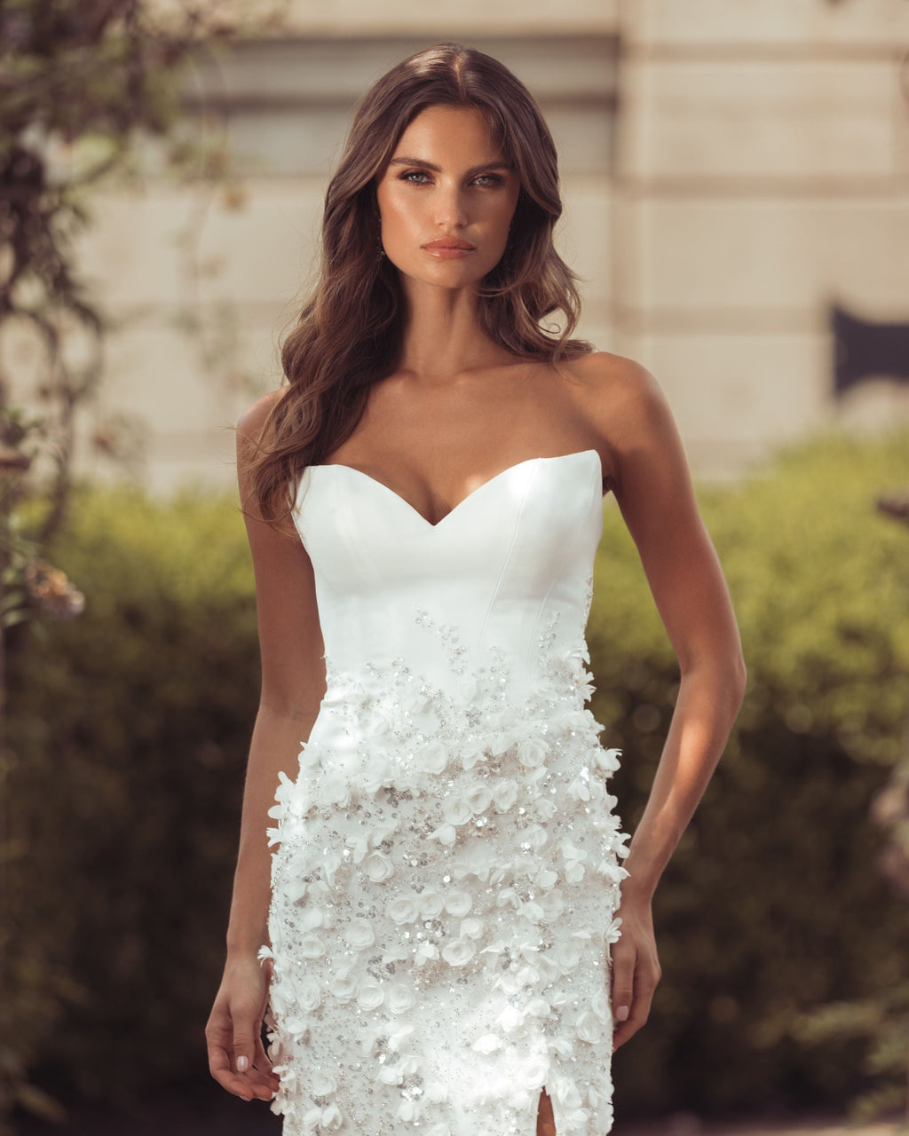 White 3D Floral Strapless Sweetheart Gown With Slit - Designer Collection