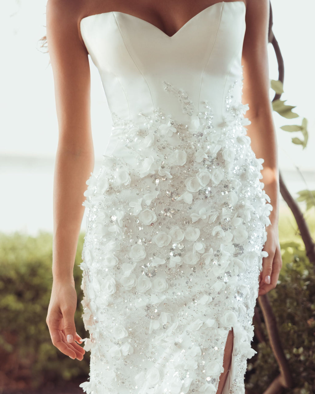 White 3D Floral Strapless Sweetheart Gown With Slit - Designer Collection