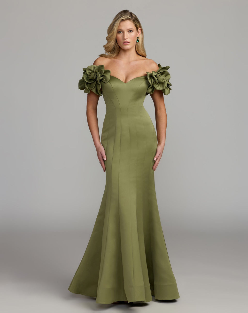 Green Off The Shoulder Gown With 3D Floral Sleeves - Contemporary Collection