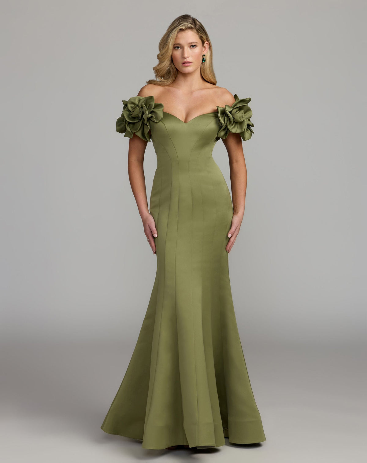 Green Off The Shoulder Gown With 3D Floral Sleeves - Contemporary Collection