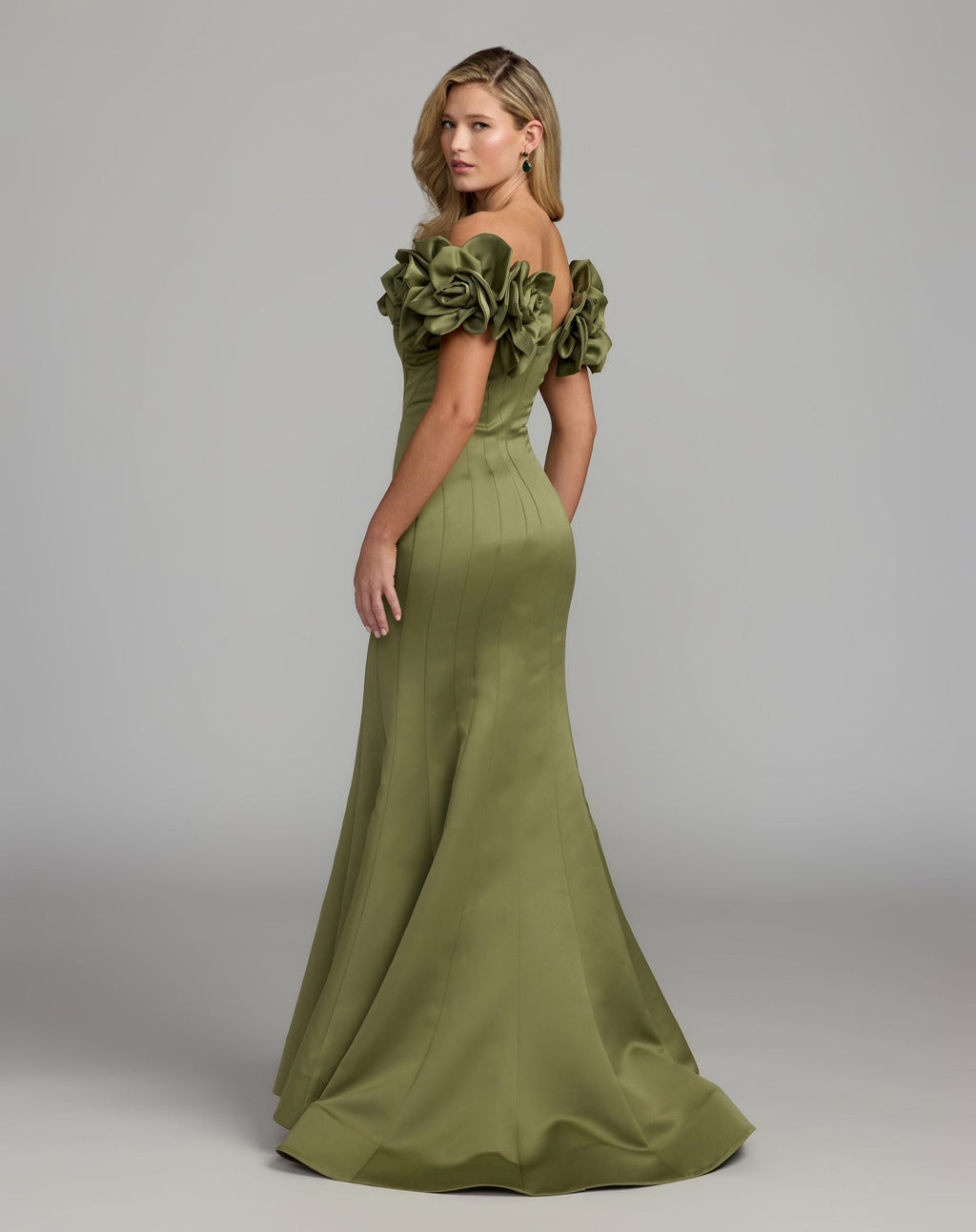 Green Off The Shoulder Gown With 3D Floral Sleeves - Contemporary Collection