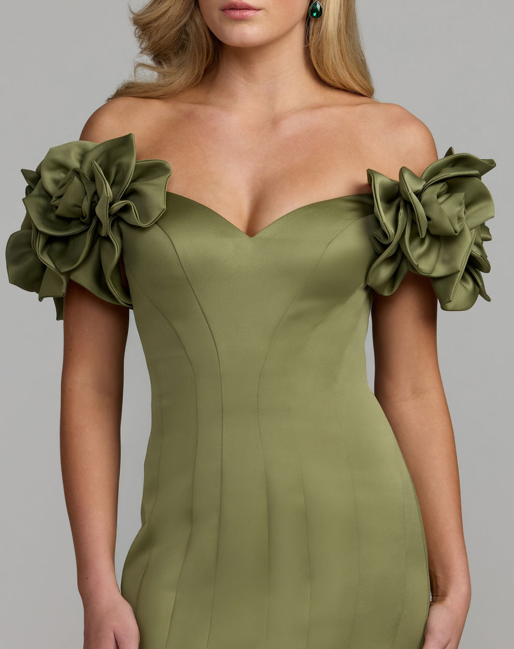 Green Off The Shoulder Gown With 3D Floral Sleeves - Contemporary Collection