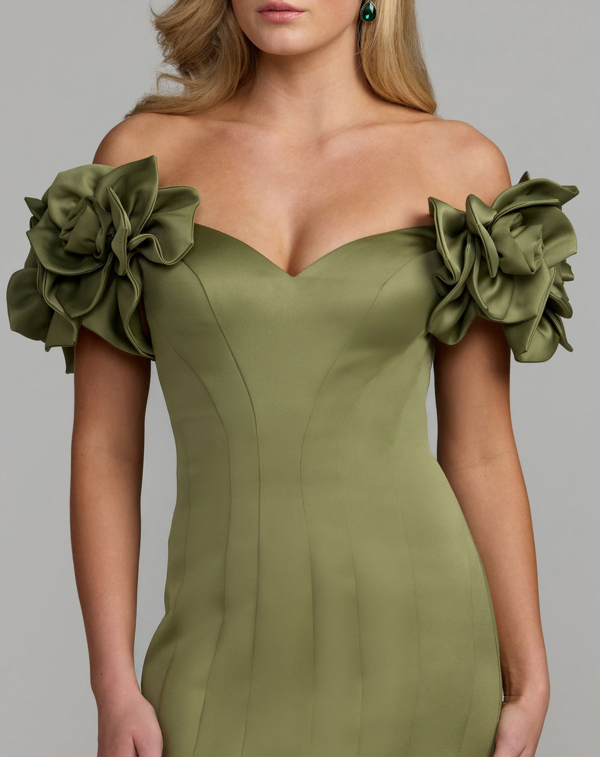 Green Off The Shoulder Gown With 3D Floral Sleeves - Contemporary Collection